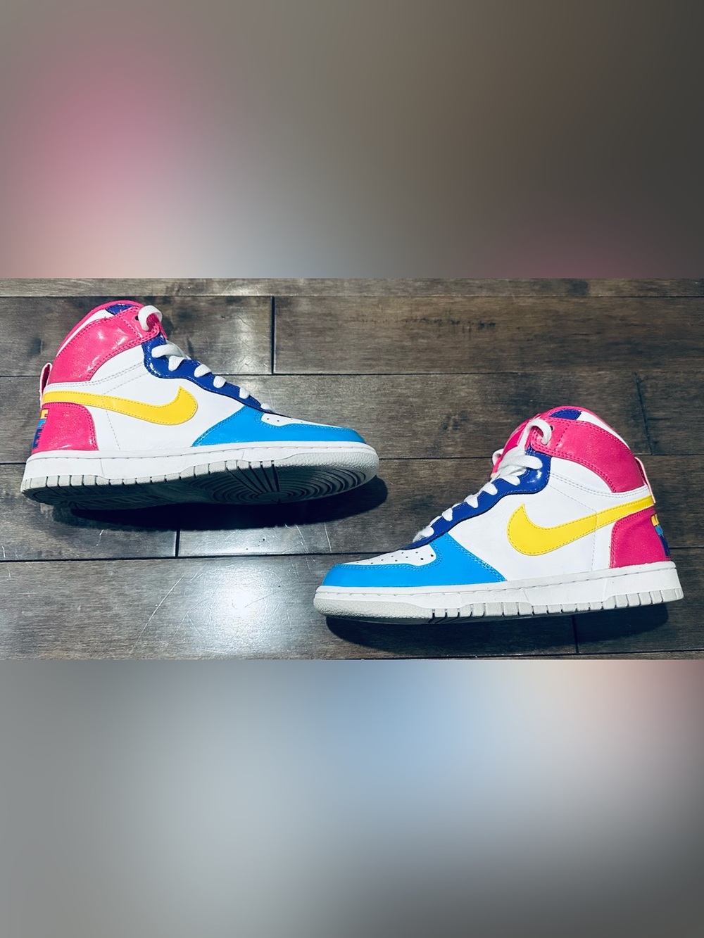 Nike 6Y/7.5W Pink/Blue/Yellow/White High Dunk Vintage Sneakers